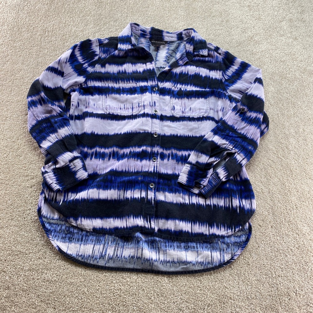 Rock & Republic Button Up Shirt Womens Large Blue Purple Tie Dye Stripe High Low